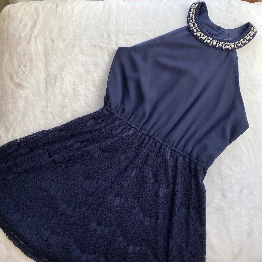 Francesca’s Collection Pearl High Neck Navy Dress in Size Large
